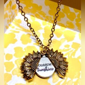 You Are My Sunshine Message in Sunflower Antique Gold Tone Locket Necklace 20”